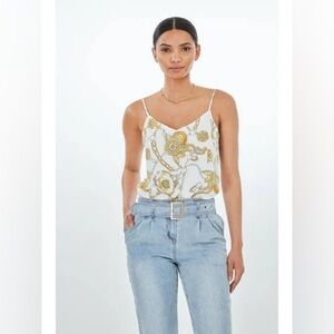 Generation Love Elliot Chain Cami Print Satin Camisole Top White Gold Size Small